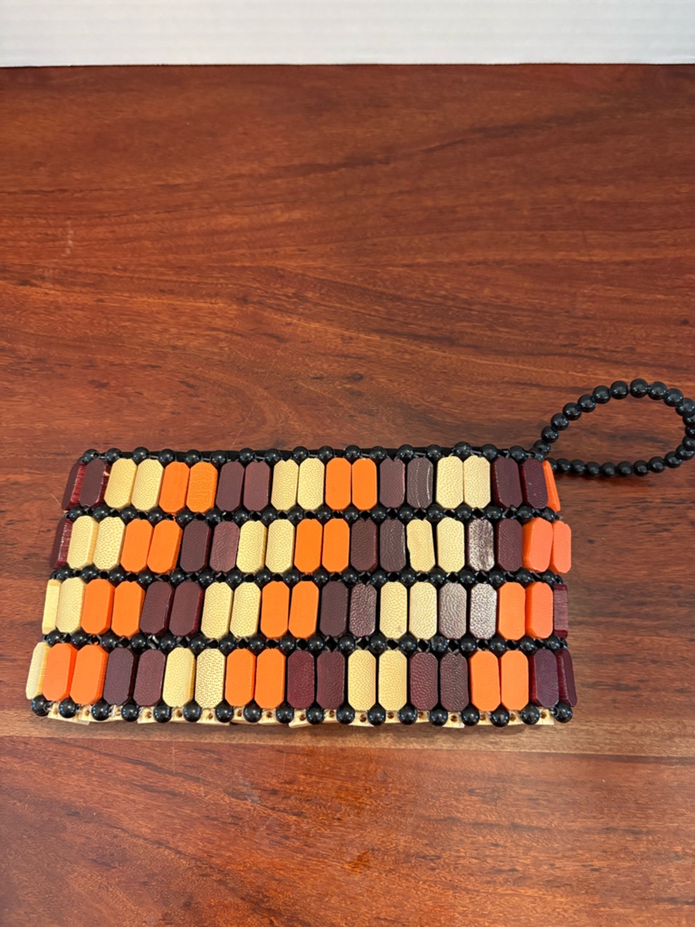Hand Made African Wood Slice & Bead Clutch Made In Zimbabwe Orange Brown